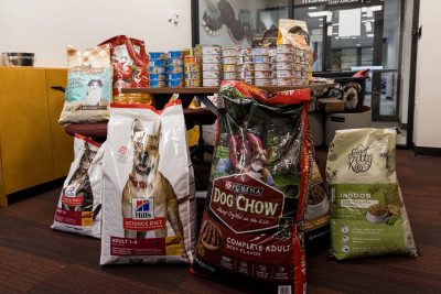 Pet food collected during a pet food drive.