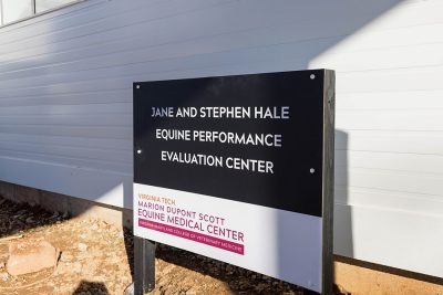 New sign for the Jane and Stephen Hale Equine Performance Evaluation Center.