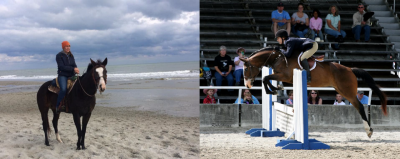Person riding a horse on the beach and a person jumping with a horse in competion.
