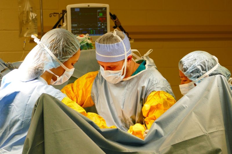 Three veterinary professionals during a colic surgery.