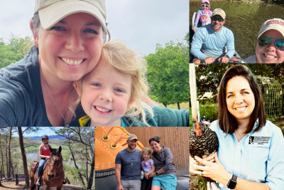 A collage of photos of Jessica Walters, her husband, her child, and her horse