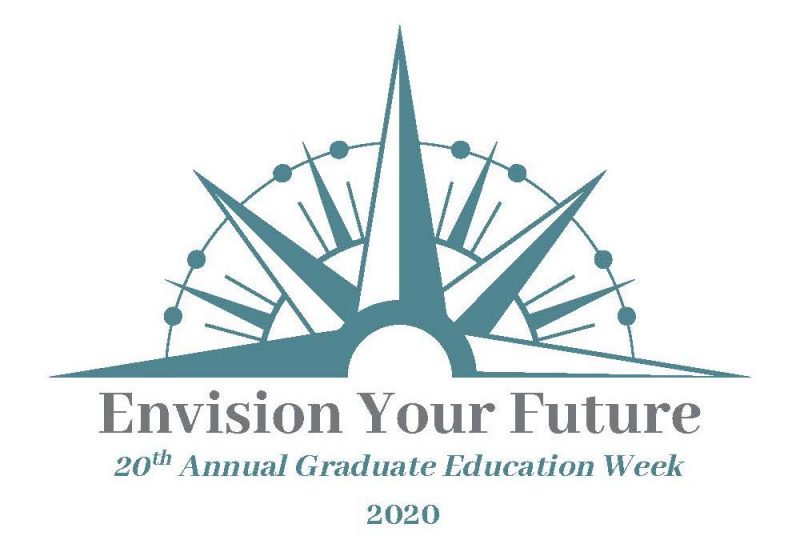 The Graduate Education Week graphic is a half mariner's compass star in teal and white with the legend: Envision Your Future