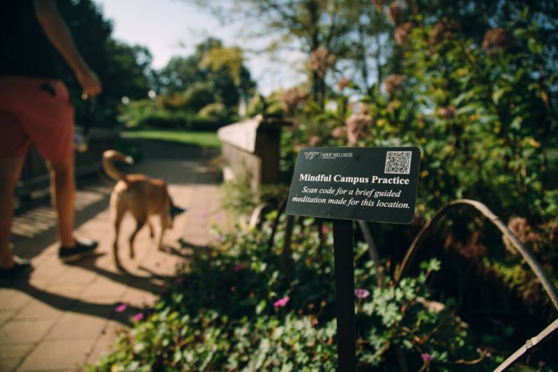 Several Mindful Campus Practice markers can be found around Virginia Tech's Blacksburg campus to encourage good mental health practices. Photo by Christina Franusich for Virginia Tech