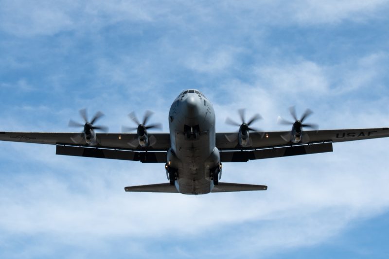 An Air Force C-130J Super Hercules in flight. 