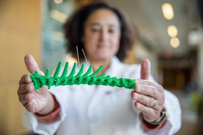 Avril Arendse, clinical instructor of neurology/neurosurgery at the Virginia-Maryland College of Veterinary Medicine  holds the 3D printed spine.