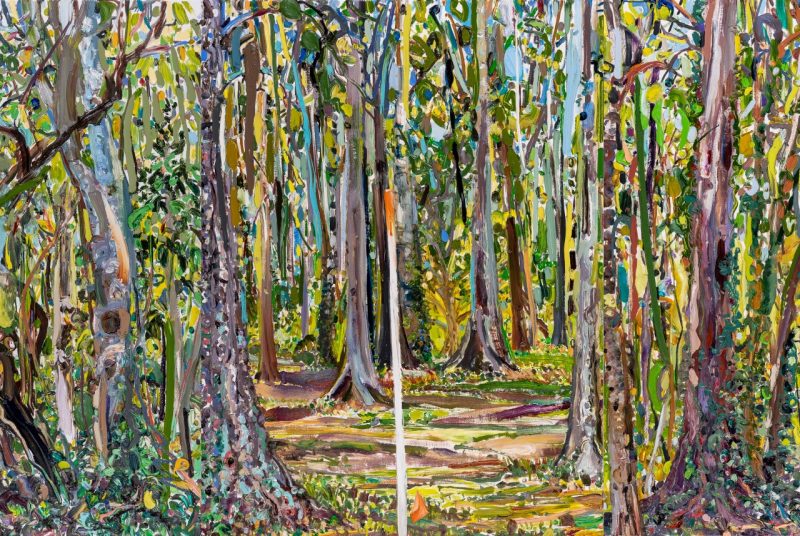 This detailed view of the paining Plein-Aired Histories: Farmer Street Cemetery by artist Lilian Garcia-Roig shows a brightly-colored forest scene, with slim tree trunks covered in modest amounts of bright foliage.
