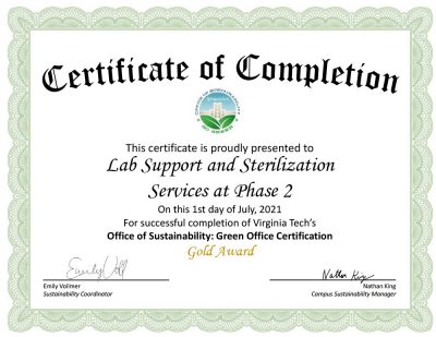 Green Office Certification 2021: Lab Support and Sterilization Services at Phase 2