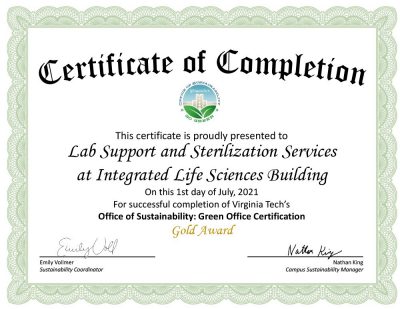 Green Office Certification 2021: Lab Support and Sterilization Services at Integrated Life Sciences Building