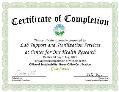 Green Office Certification 2021: Lab Support and Sterilization Services at Center for One Health Research