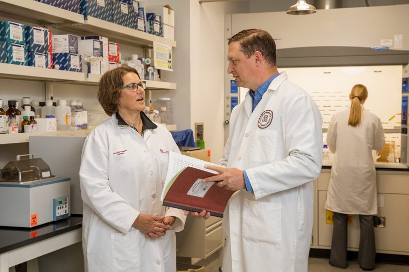 Linda A. Dahlgren, Professor, Large Animal Surgery and Kevin Lahmers, Anatomic Pathology, Clinical Associate Professor, Anatomic Pathology, Department of Biomedical Sciences and Pathobiology collaborate in the new Common Lab space at the Virginia-Maryland College of Veterinary Medicine’s Teaching Hospital. 