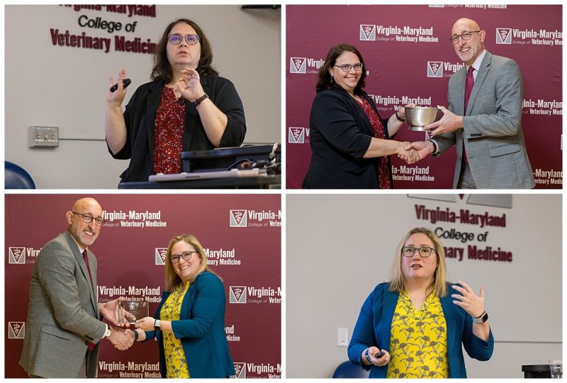 Top -  Dr. Jenny Marin, Canine/Feline Practice at the VTH was awarded the 2023 Outstanding Faculty Alumni Award Recipient and  Dr. Betsy Schroeder, MPH , DVM ’16,  Outstanding Recent Alumni Award Recipient.