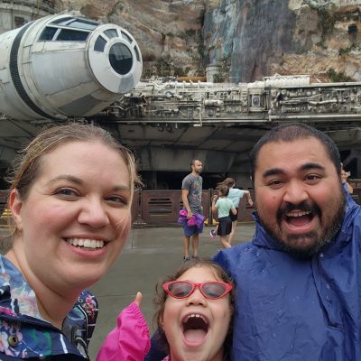 Family at Disney in the Star Wars area.