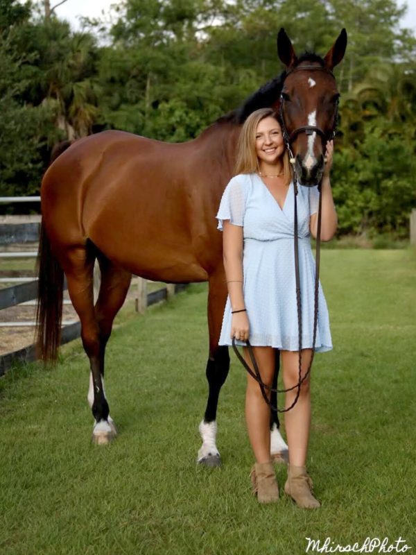 Person in a blue dress standing with a brown horse.