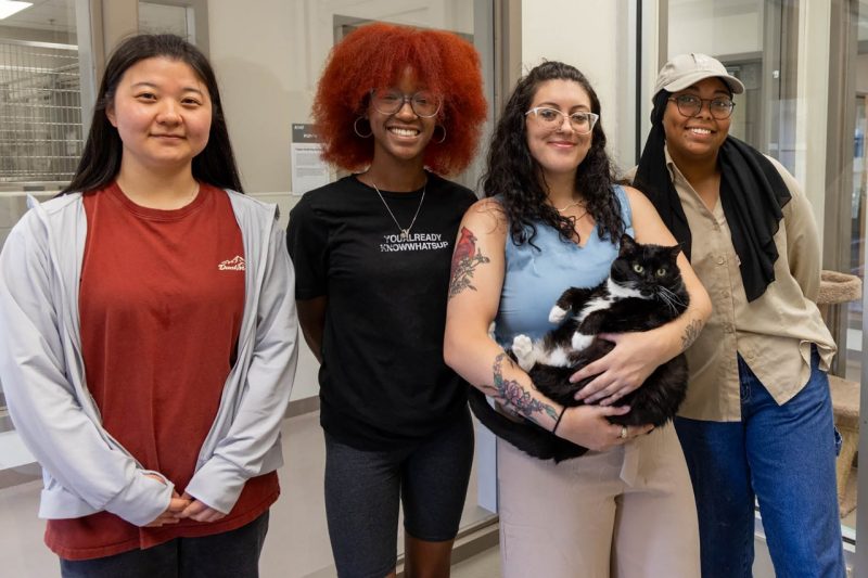 Group of students standing with a large black cat.