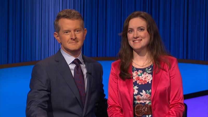 Karen Morris on the set of “Jeopardy!” with host and 74-time “Jeopardy!” winner Ken Jennings.