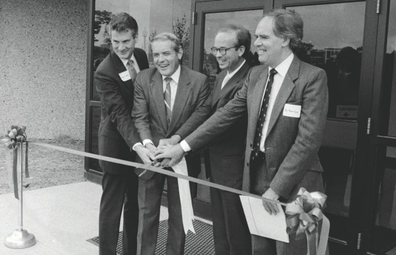 Black and white photo of the dedication of the Veterinary Teaching Hospital.